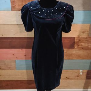 Vintage size 12P crushed velvet blue Maggie Breen dress 100% cotton